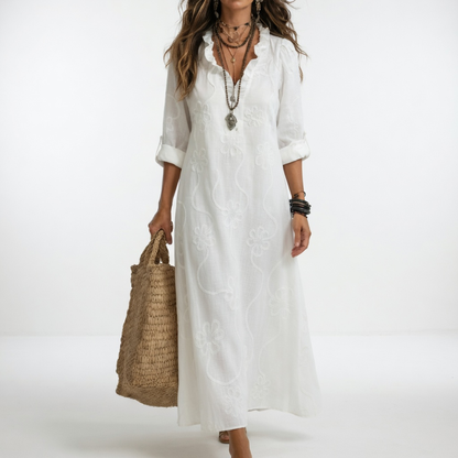 Clairette™ — Robe maxi chemise col V manches longues élégance intemporelle